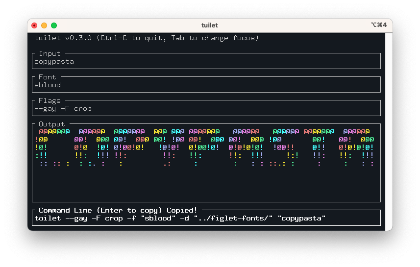 A screenshot of Tuilet 0.3.0, showing colored output and clipboard support.